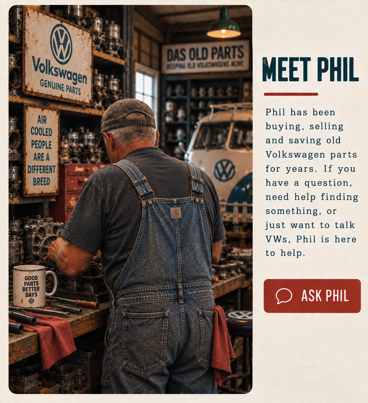 Phil working among vintage Volkswagen parts in the Das Old Parts workshop